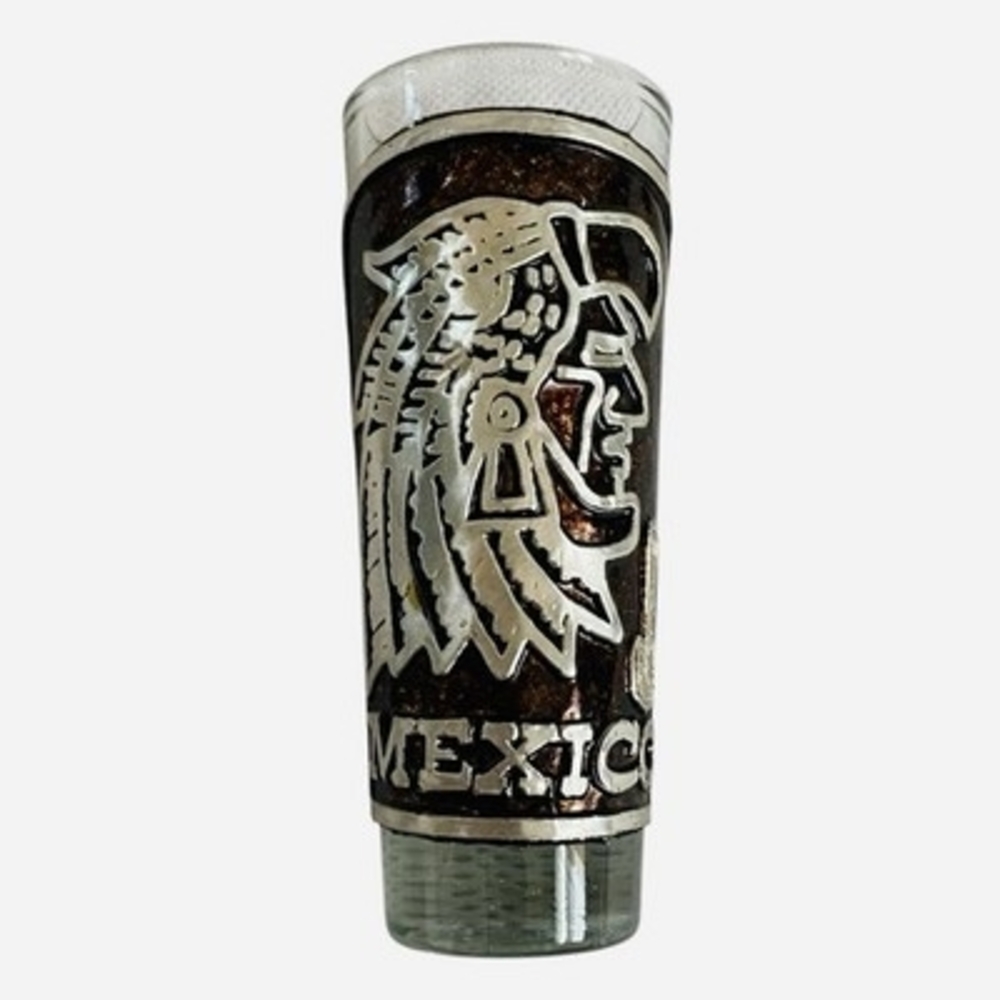 Vintage Mexico Souvenir Shot Glass Aztec Warrior Metal Wrap 4" Collectible VG